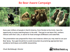 Be Bear Aware campaign. Three bear photos. Text: 