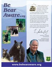 Be Bear Aware educational brochure. Bears in natural settings. US Forest Service official. Blue and white.