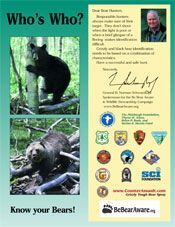 Poster comparing black and grizzly bears; also, a message from a spokesperson.