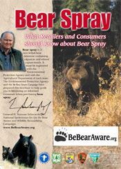 Promotional poster about bear spray; man, bear, text, 