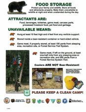 Sign about food storage to prevent bear encounters. Text and images show examples of attractants and secure storage.