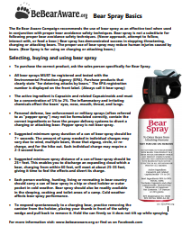 Information sheet on bear spray use. Red bear spray canister shown.