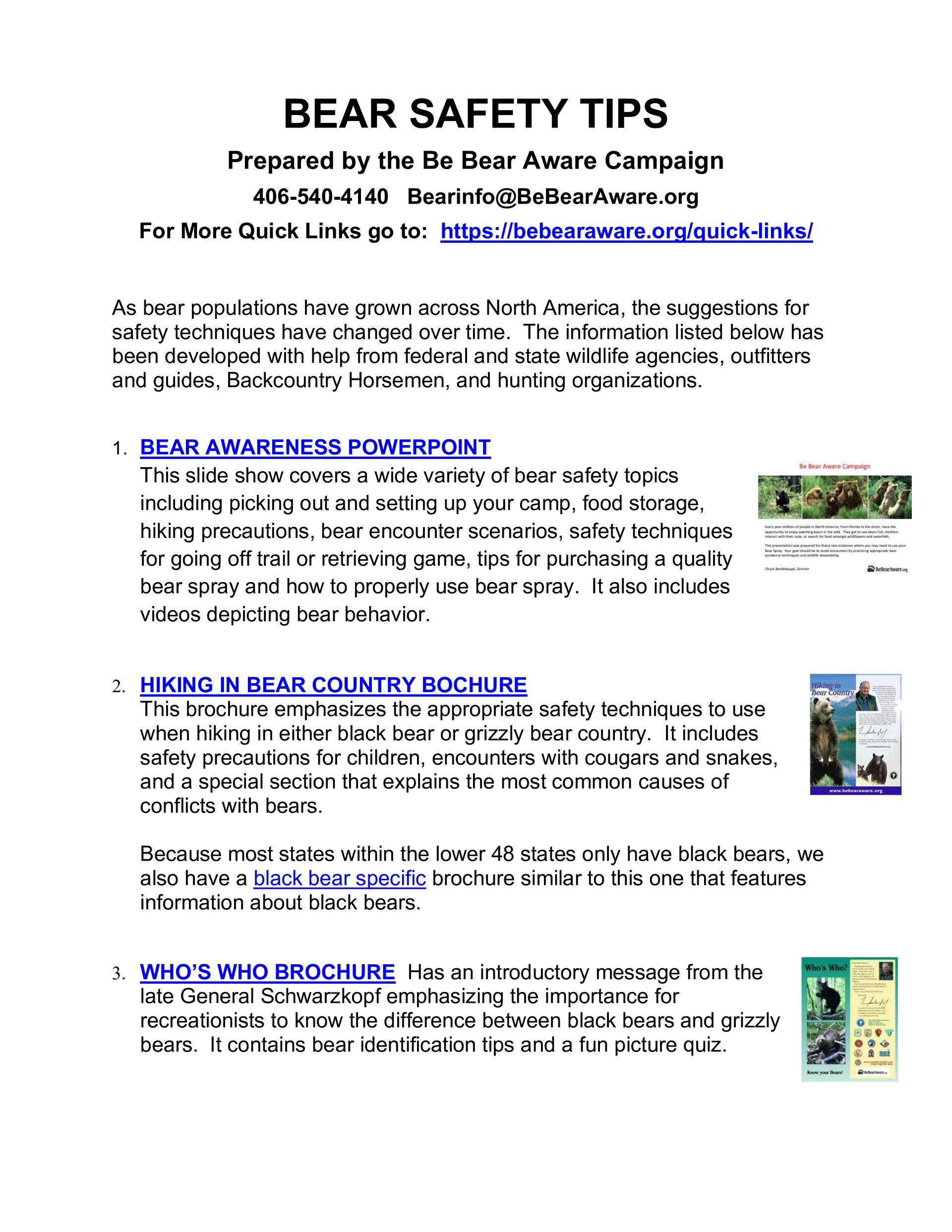 Bear safety tips flyer: Lists bear safety precautions. Contains brochure descriptions for bear awareness.