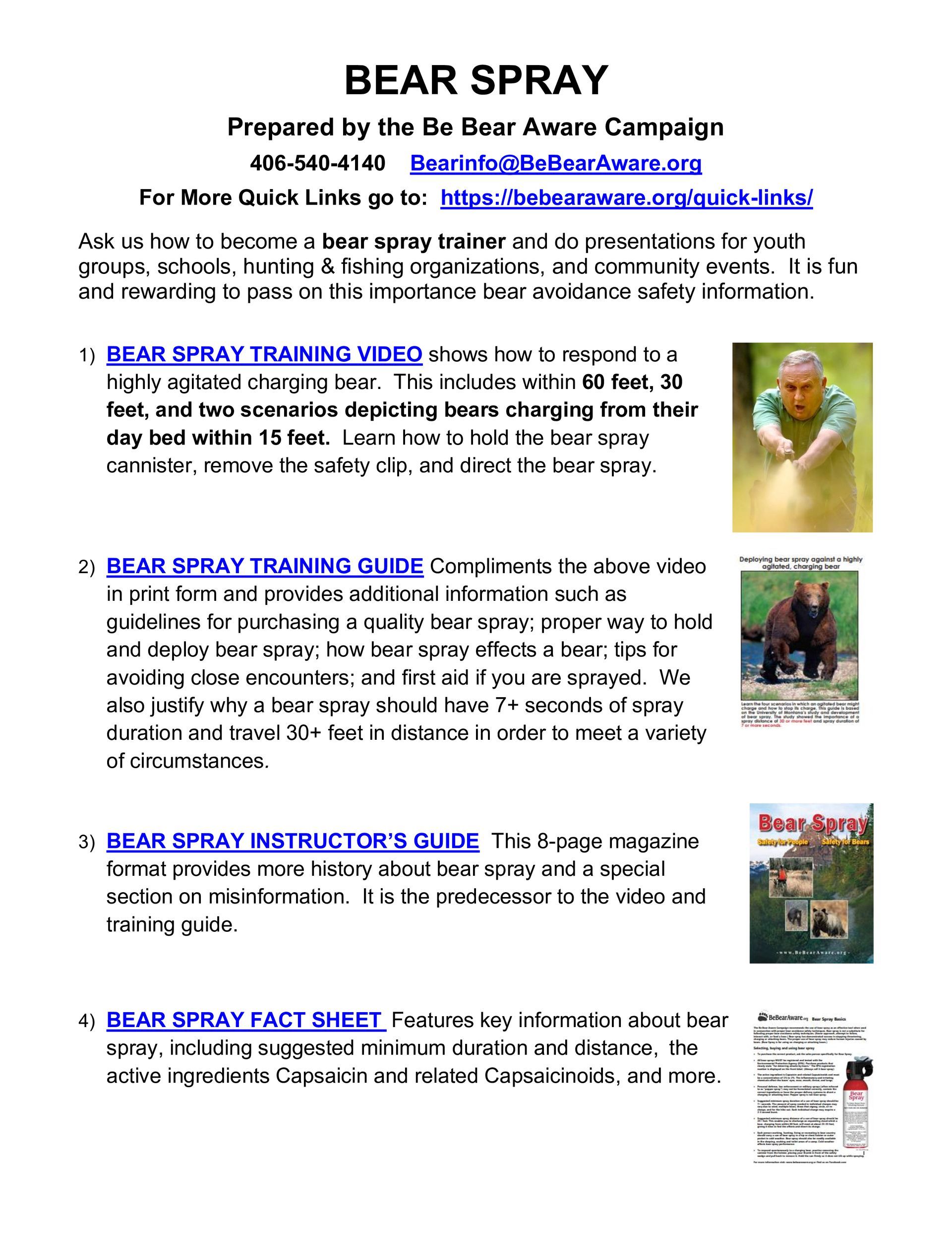 Flyer about bear spray safety training; includes video, guide, instructor's guide, and fact sheet.