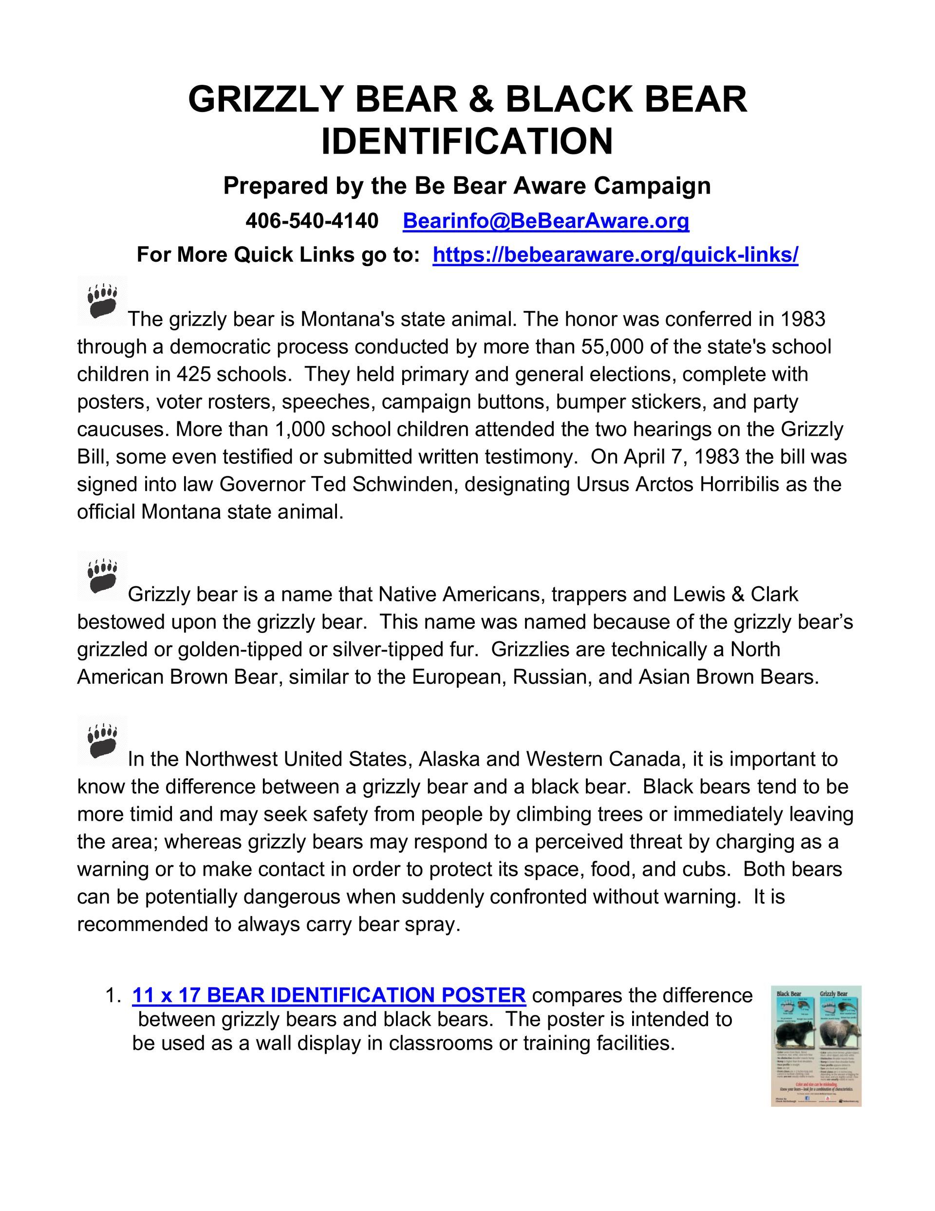 Grizzly and black bear identification poster. Text explains how to identify, with a small photo showing comparison.