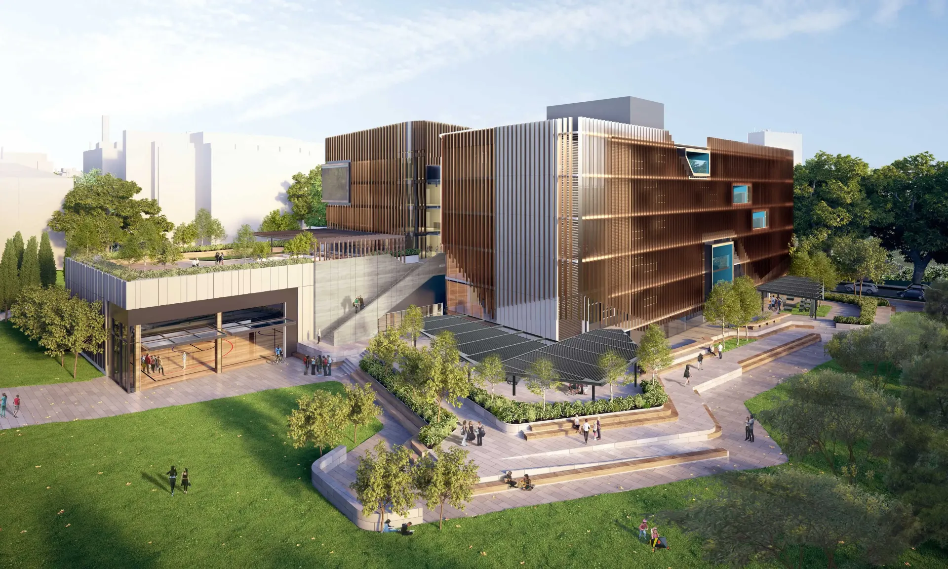 An artist 's impression of a large building surrounded by trees and grass.