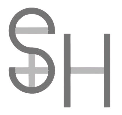 A gray and white logo with the letter s and h on a white background.