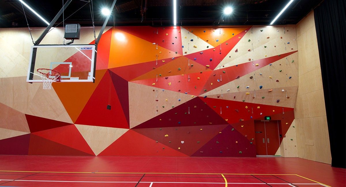 A gym with a climbing wall and a basketball hoop.
