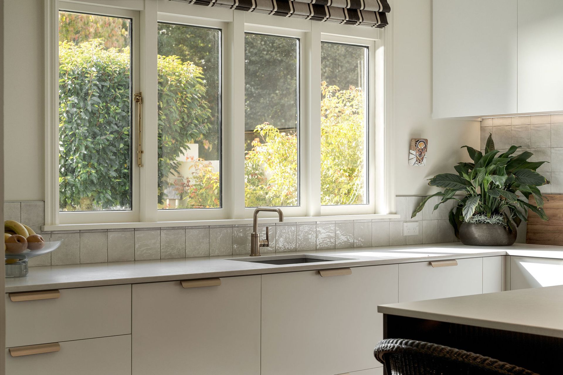 A kitchen with white cabinets , a sink , and a potted plant.