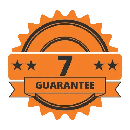 An orange sticker with the words 7 guarantee on it