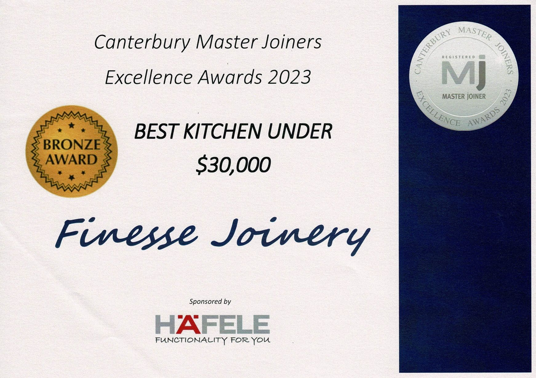 Kitchen Certificate Bronze Award | Finesse Joinery