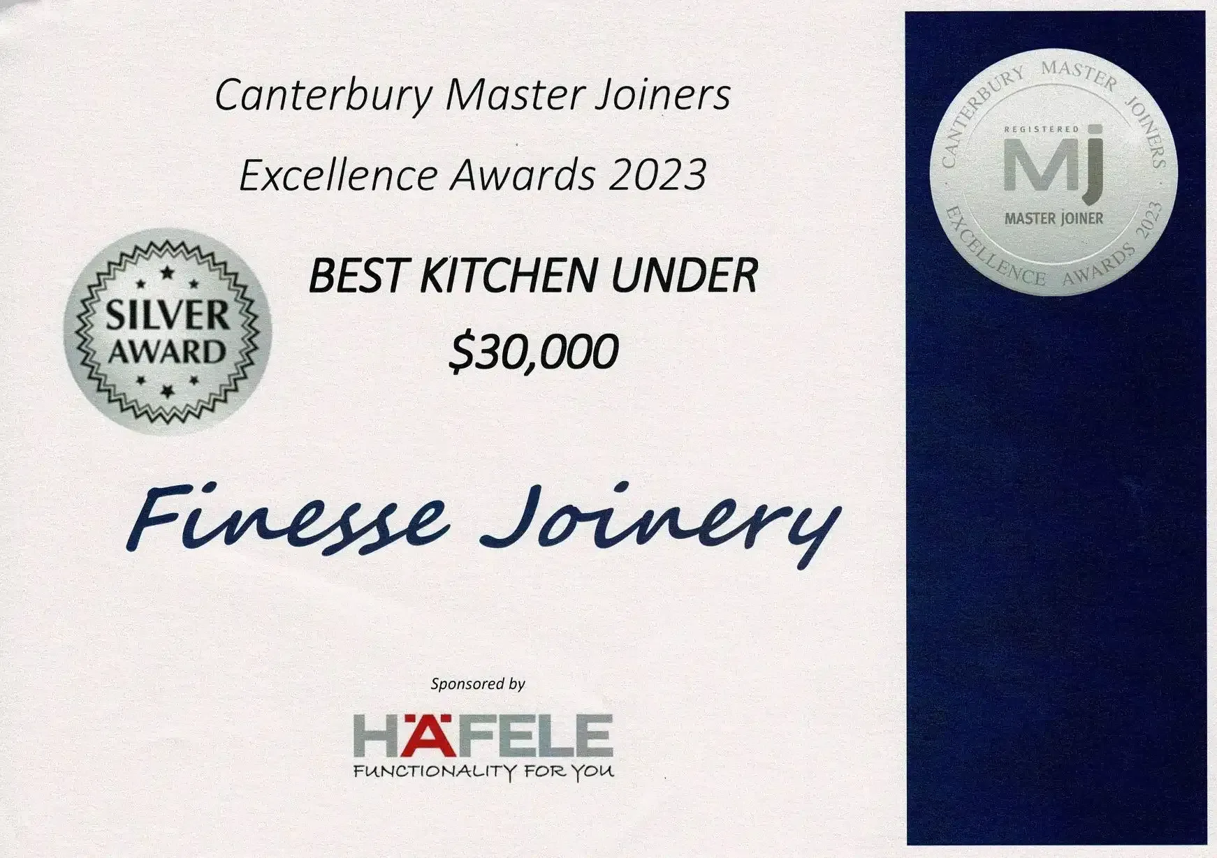 Canterbury master joiners excellence awards 2022 best kitchen under $ 30,000 finesse joinery - kitchen designer