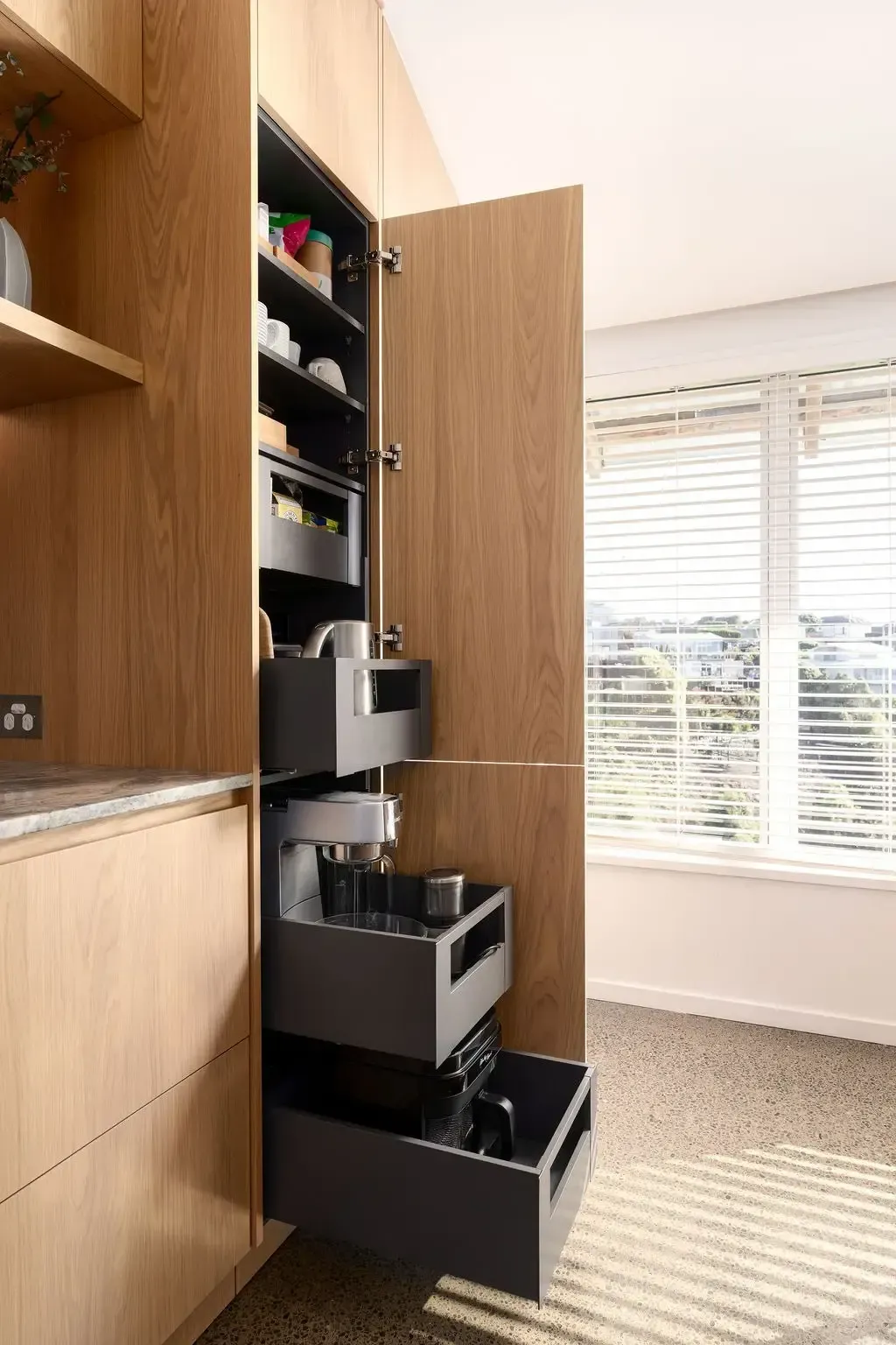 Wooden kitchen pantry with pull-out drawers and shelves. Open door revealing storage containers. Bright room.