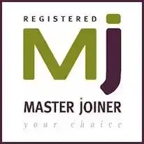 A green and purple logo for The Master Joiners