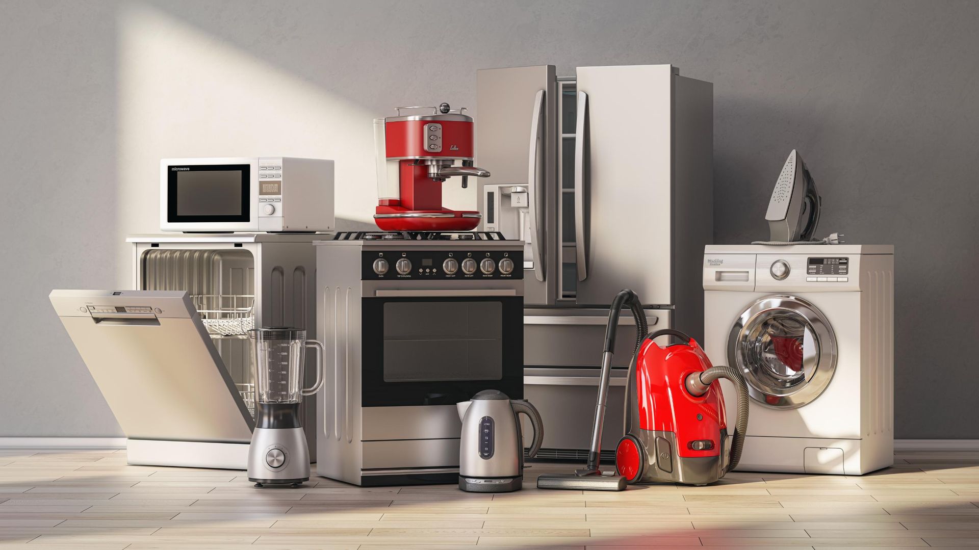 Assorted kitchen appliances lined up on a countertop, including a stove, fridge, microwave, coffee maker, and washer.