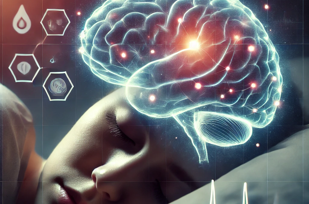 A woman is sleeping with her eyes closed and a brain coming out of her head.