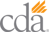 The cda logo is gray and orange and has a r on it