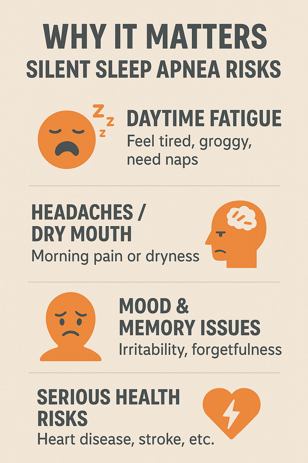 Why it matters silent sleep apnea risks serious health risks heart disease , stroke , etc.