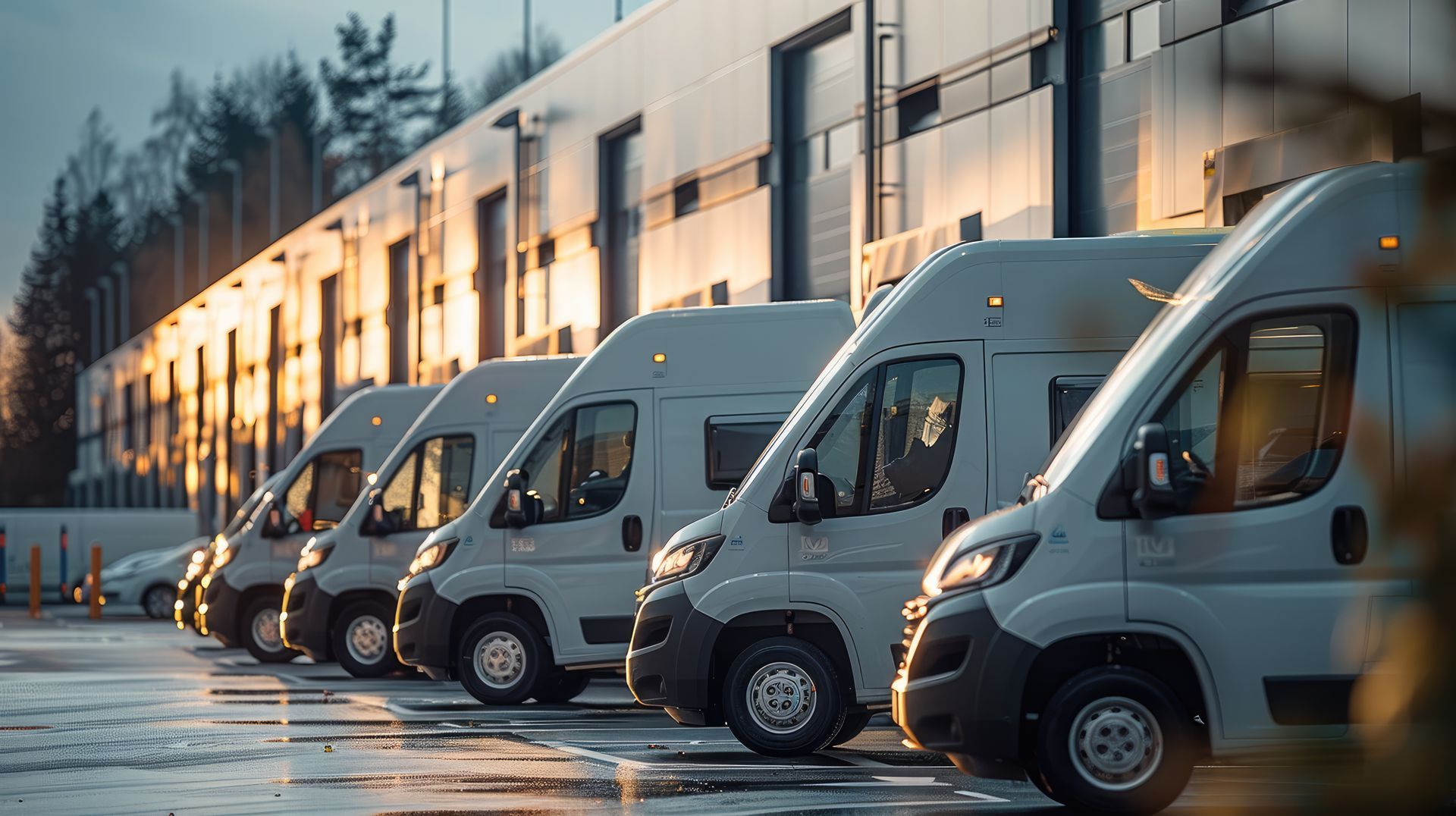 A row of white vans parked in front of a building. | TIRE NATION & AUTO REPAIR POINT S
