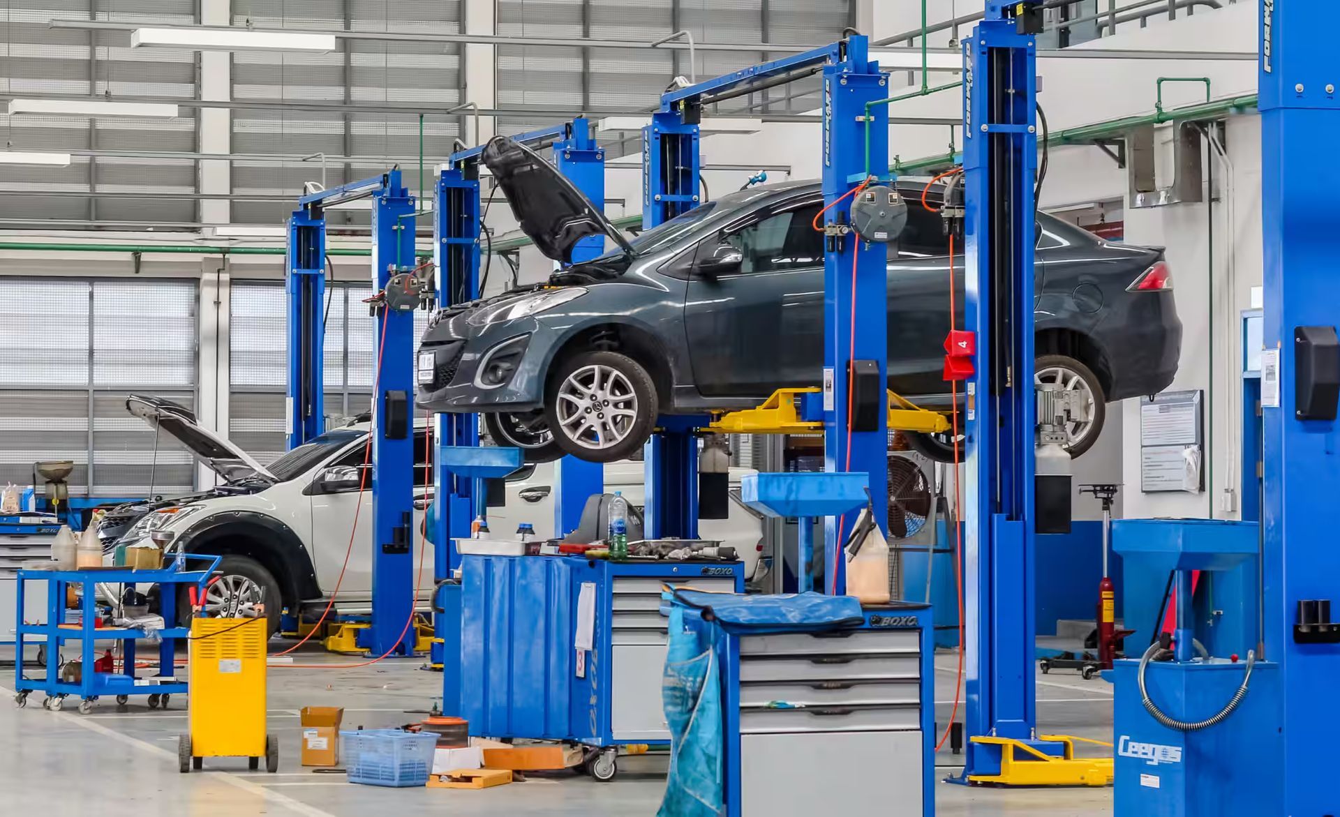 A white car is sitting on a lift in a garage. | TIRE NATION & AUTO REPAIR POINT S