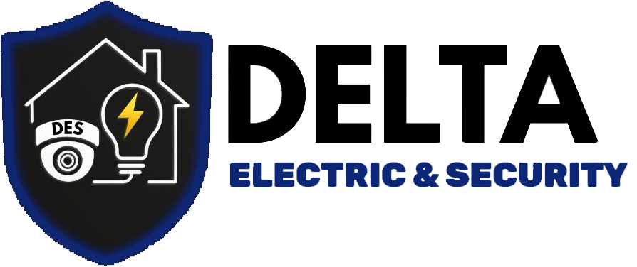 Logo for Delta Electric & Security: a shield with house, lightbulb, and camera; company name in bold font.