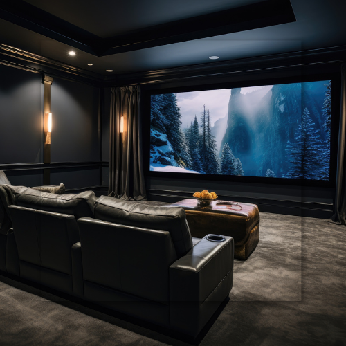 Dark home theater with large screen, black leather seats, and soft lighting.
