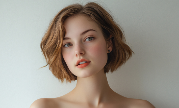 Woman with blonde hair, half straight and half curled, against a gray backdrop.