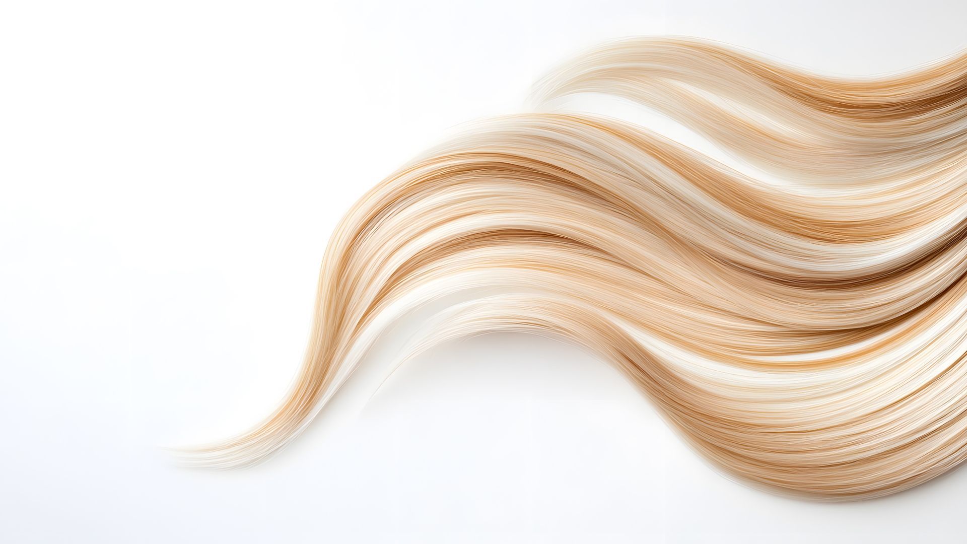 Blonde and light brown wavy hair strands on a white background.