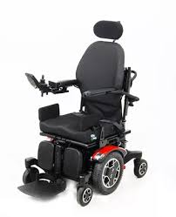 Black and red power wheelchair with headrest, armrests, and joystick control.