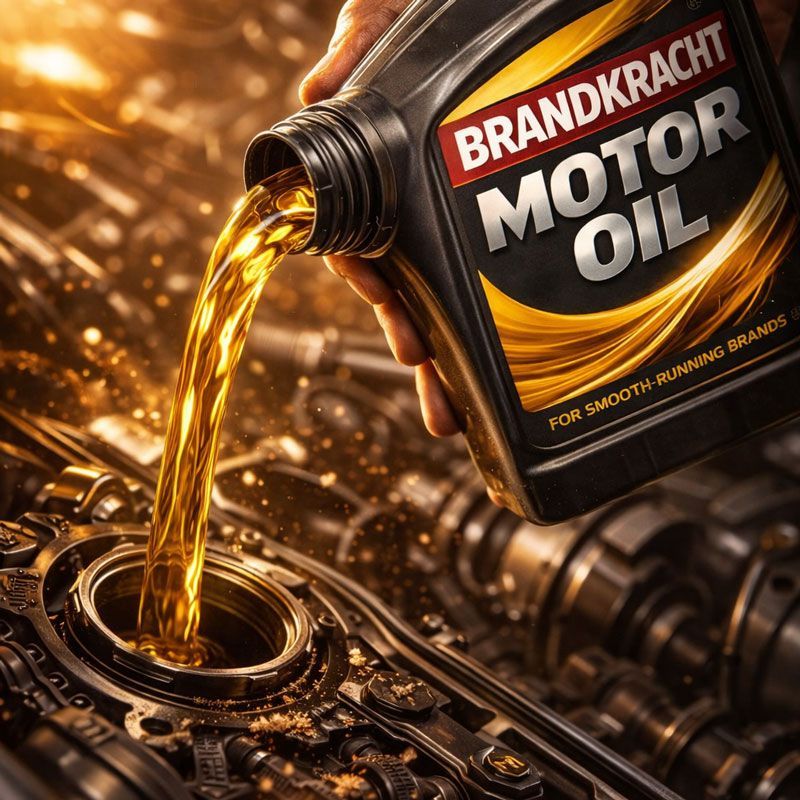 Motorolie wordt in een motor gegoten. Fles met etiket 