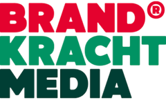 Logo voor Brand Kracht Media: Rood "BRAND", groen "KRACHT" en zwart "MEDIA".