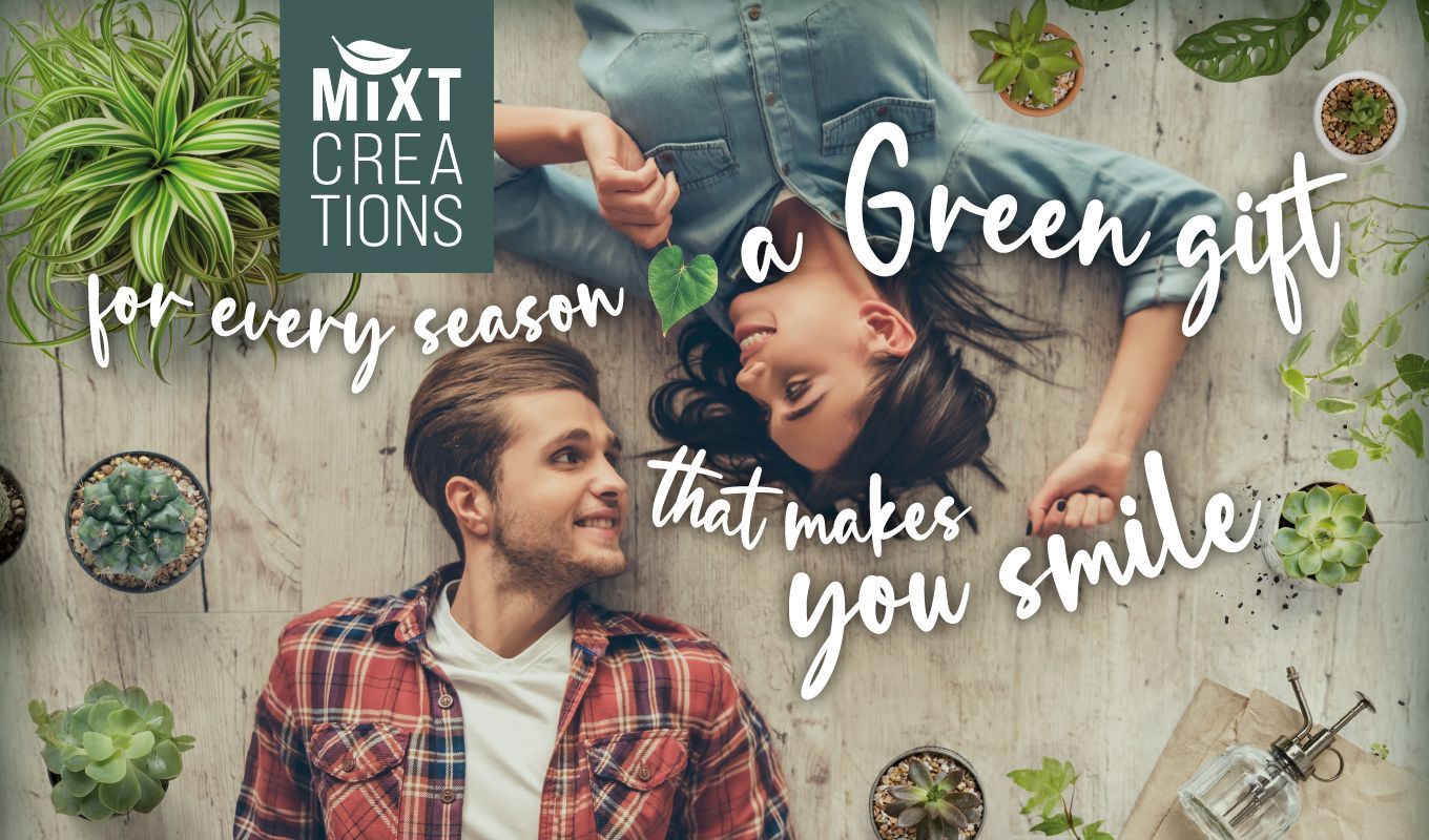 Een stel omringd door planten, lachend. Tekst: 