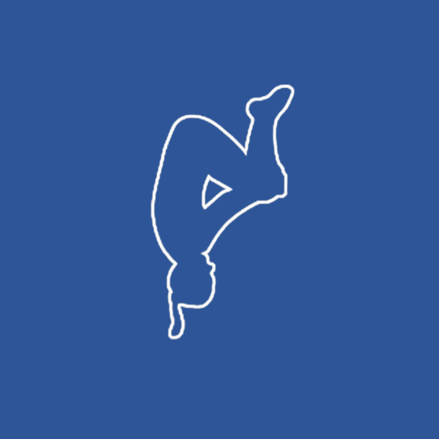 A silhouette of a person doing a handstand on a blue background.