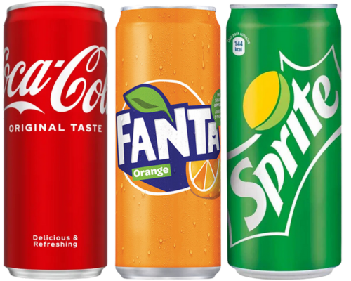 Een blikje Coca-Cola, Fanta en Sprite op een witte achtergrond.