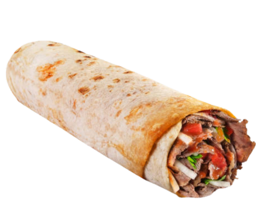 Een burrito met vlees en groenten op een witte achtergrond