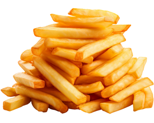 Een stapel frietjes op een witte achtergrond.