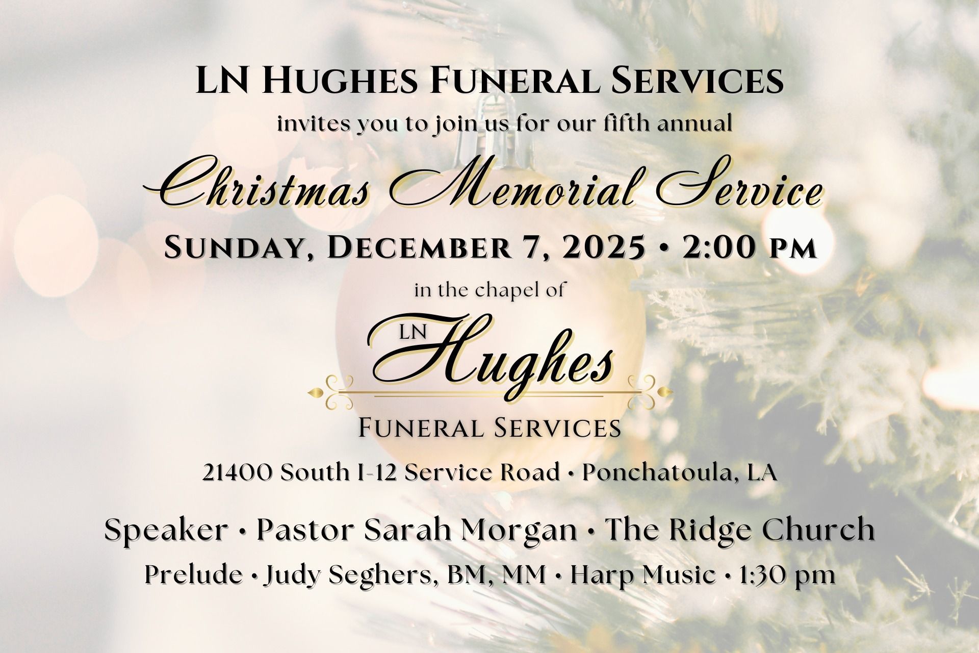Christmas memorial service announcement: Hughes Funeral Services, December 1, 2024