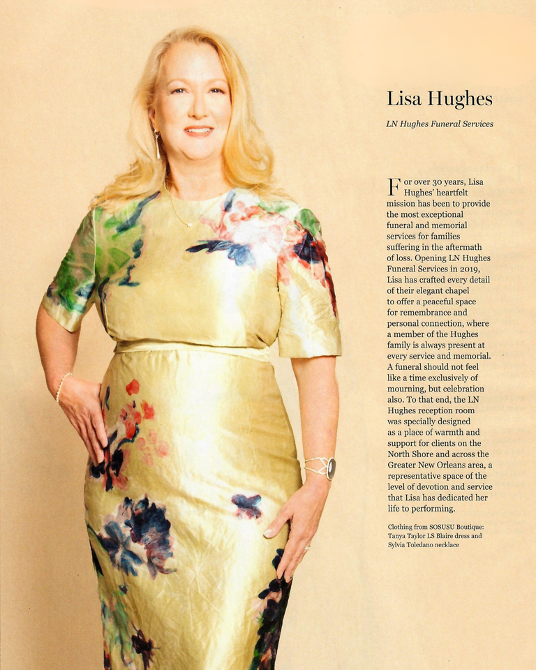 Steel Magnolias 2025 feature in New Orleans Magazine featuring Lisa in a floral dress, promoting Hughes Funeral Services.