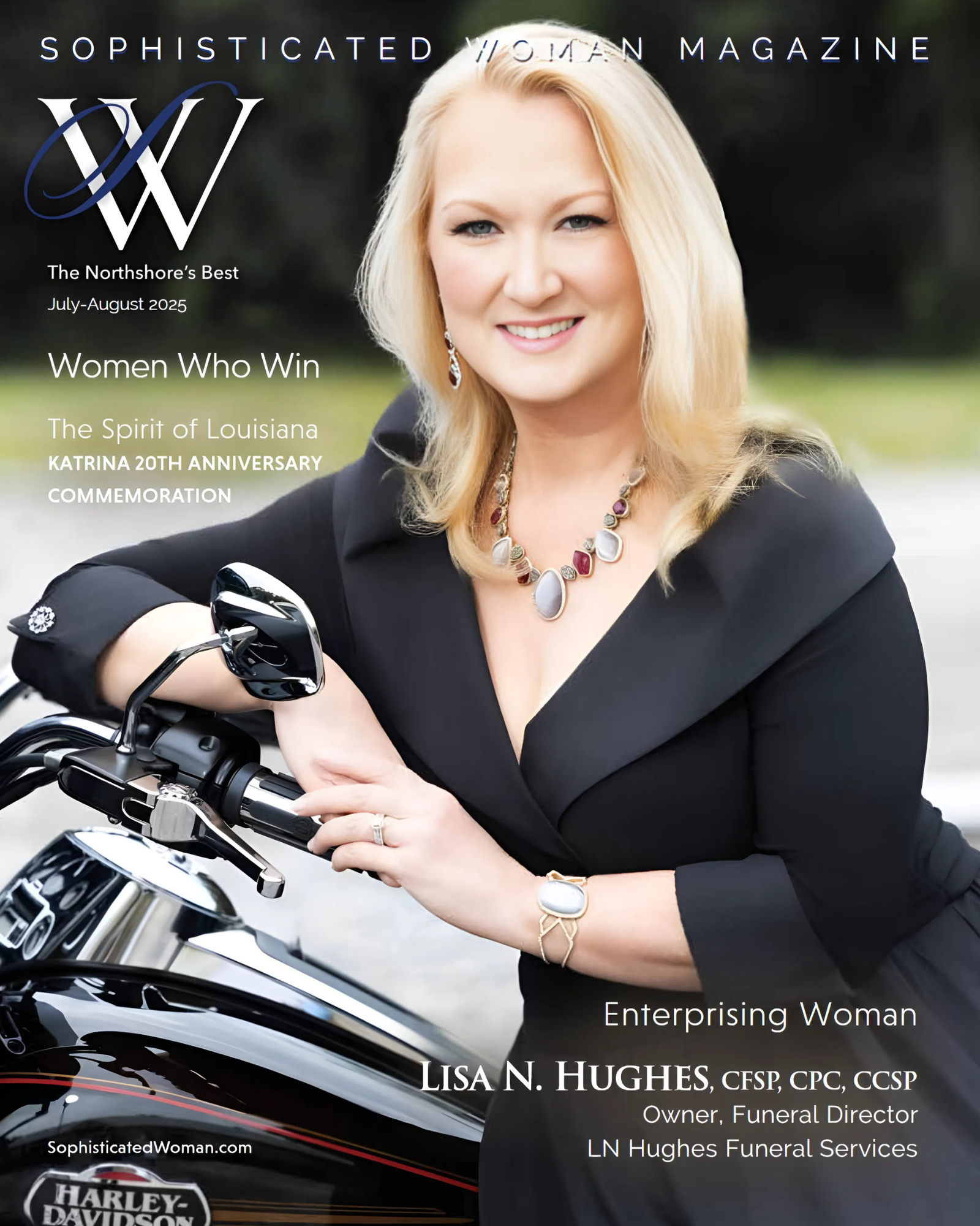 Magazine cover featuring Lisa in a black blazer posing next to a Harley Davidson motorcycle.