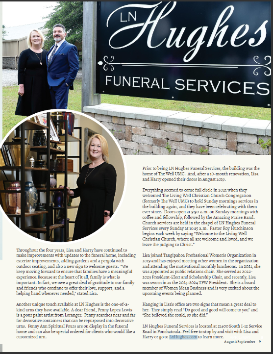 LN Hughes Funeral Services sign with a photo of two people, Lisa and Harry.