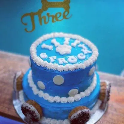 A Blue Cake With the Word Three — Pams Dog Day Club In Moolap, VIC