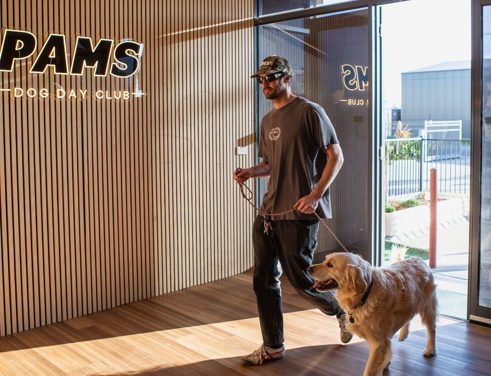 A man walking a golden retriever — Pams Dog Day Club In Moolap, VIC