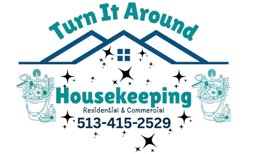 Turn It Around Housekeeping logo with teal house, stars, and phone number 513-415-2529