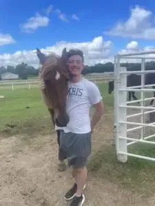 A man in white shirt with a horse