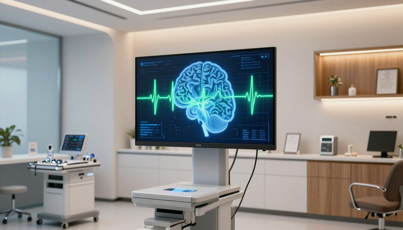 Abstract representation of neural pathways and brain balancing technology for migraine relief.