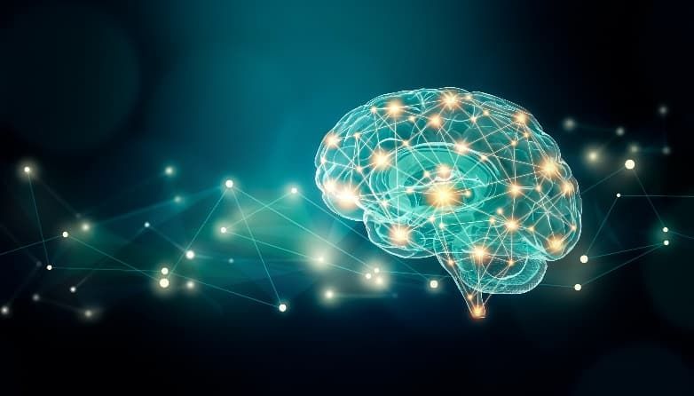A computer generated image of a brain with glowing lights around it