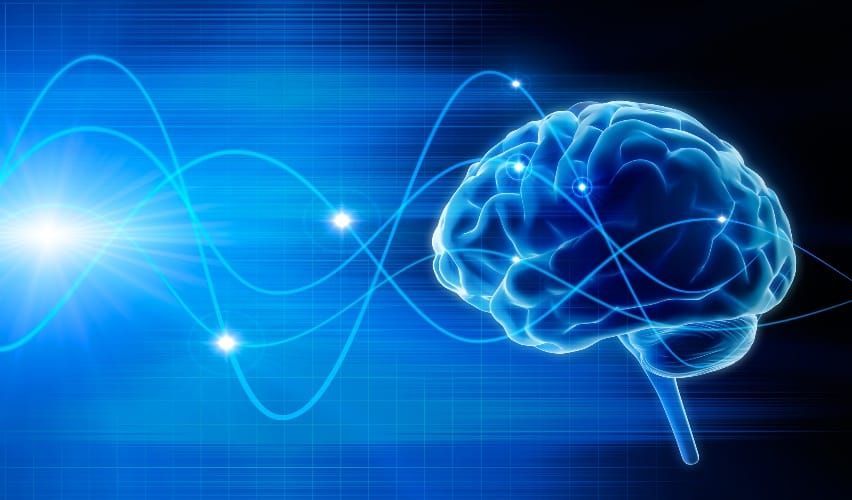 A computer generated image of a brain with waves coming out of it A computer generated image of a brain with waves coming out of it