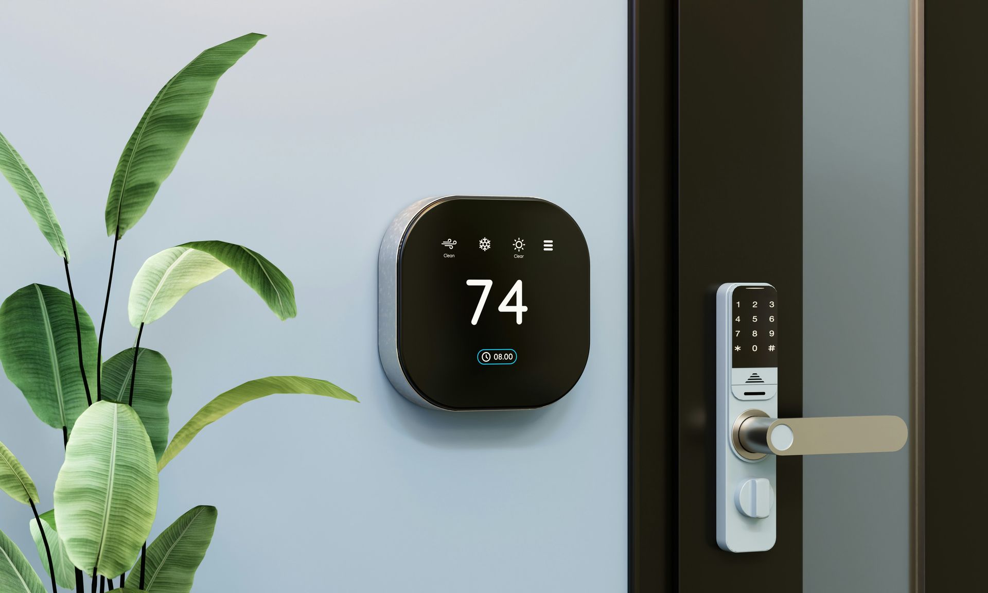 Smart thermostat displaying 74 degrees on a light blue wall, next to a door with a keypad lock and a green plant.