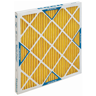 Yellow pleated air filter with a white frame.