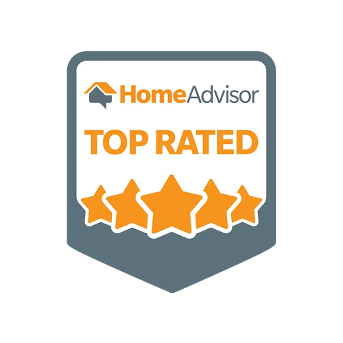 HomeAdvisor Top Rated badge with orange stars and logo on a gray background.